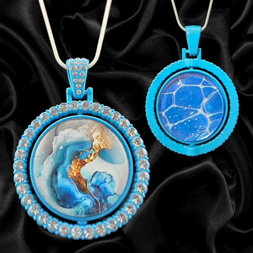 Blue & Gold Abstract Double-Sided Rotating Pendant Necklace handmade fluid art by Fuzzy Trio Design in Phoenix, AZ