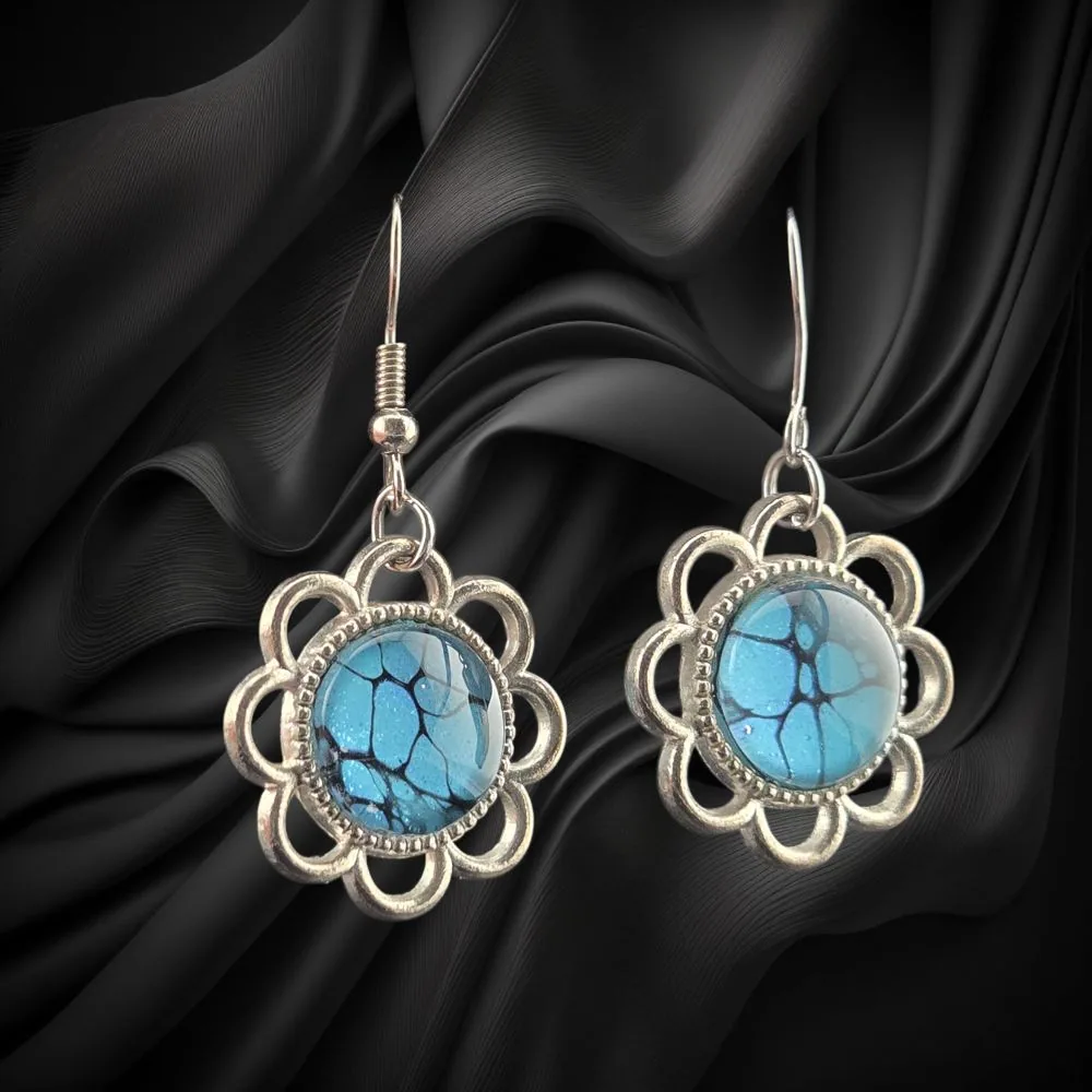 Blue Mosaic Flower Dangle Earrings handmade fluid art by Fuzzy Trio Design in Phoenix, AZ
