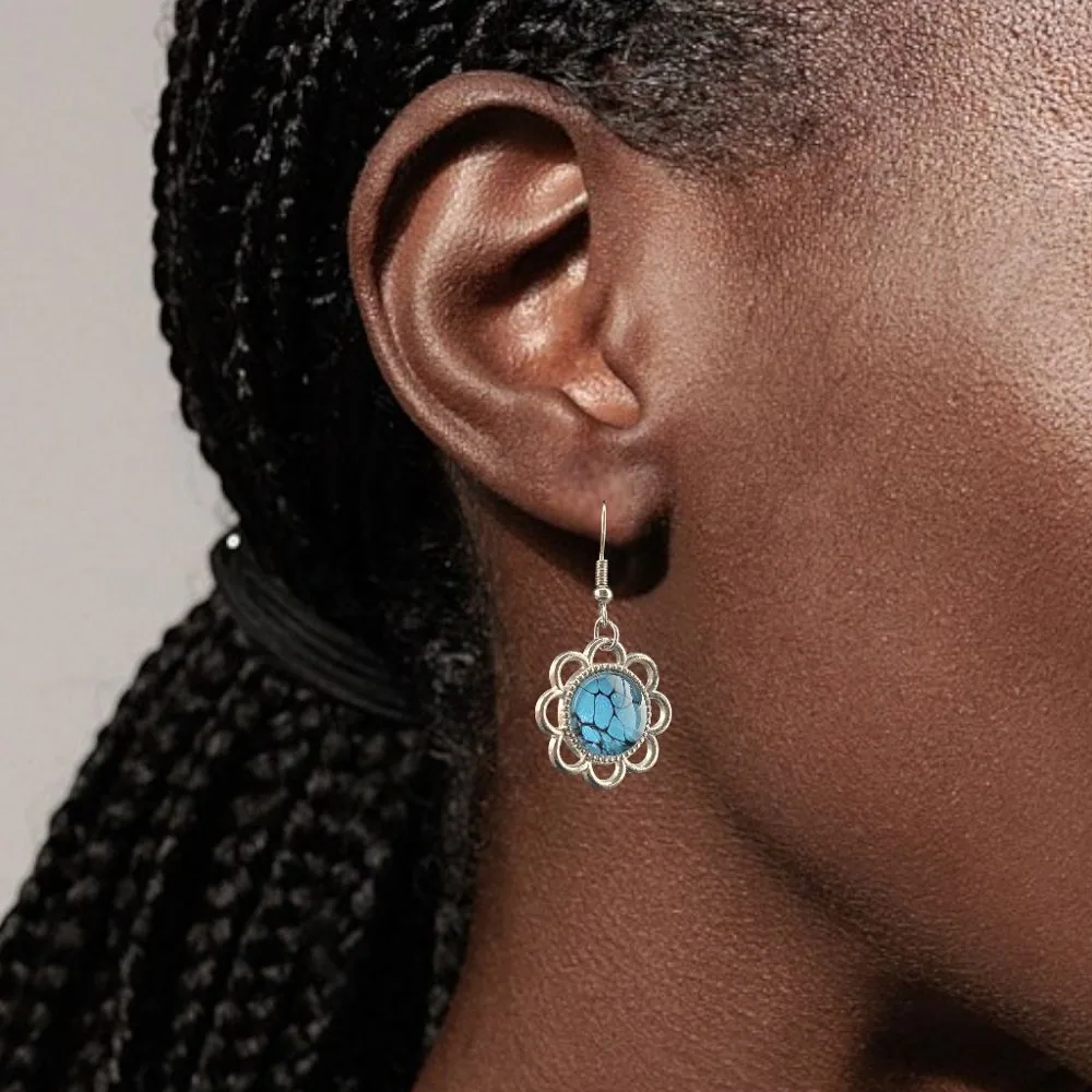 Blue Mosaic Flower Dangle Earrings detail view 1 by Fuzzy Trio Design in Phoenix, AZ