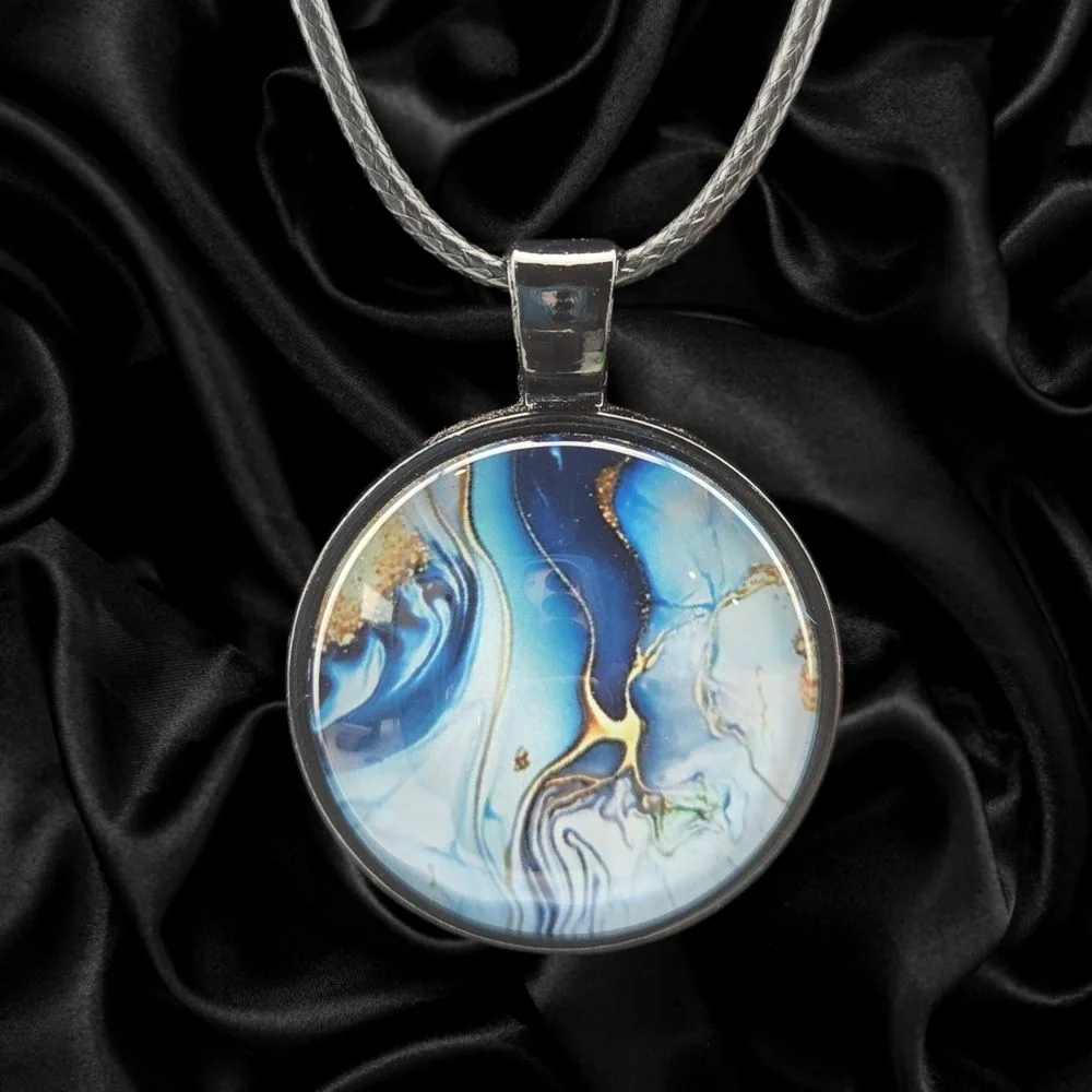 Blue River Marble Necklace handmade fluid art by Fuzzy Trio Design in Phoenix, AZ