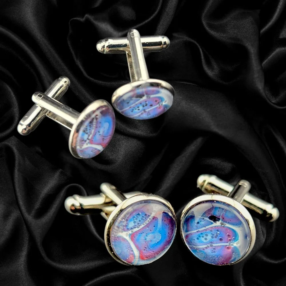 Blue & Rose Aurora Cuff Links handmade fluid art by Fuzzy Trio Design in Phoenix, AZ