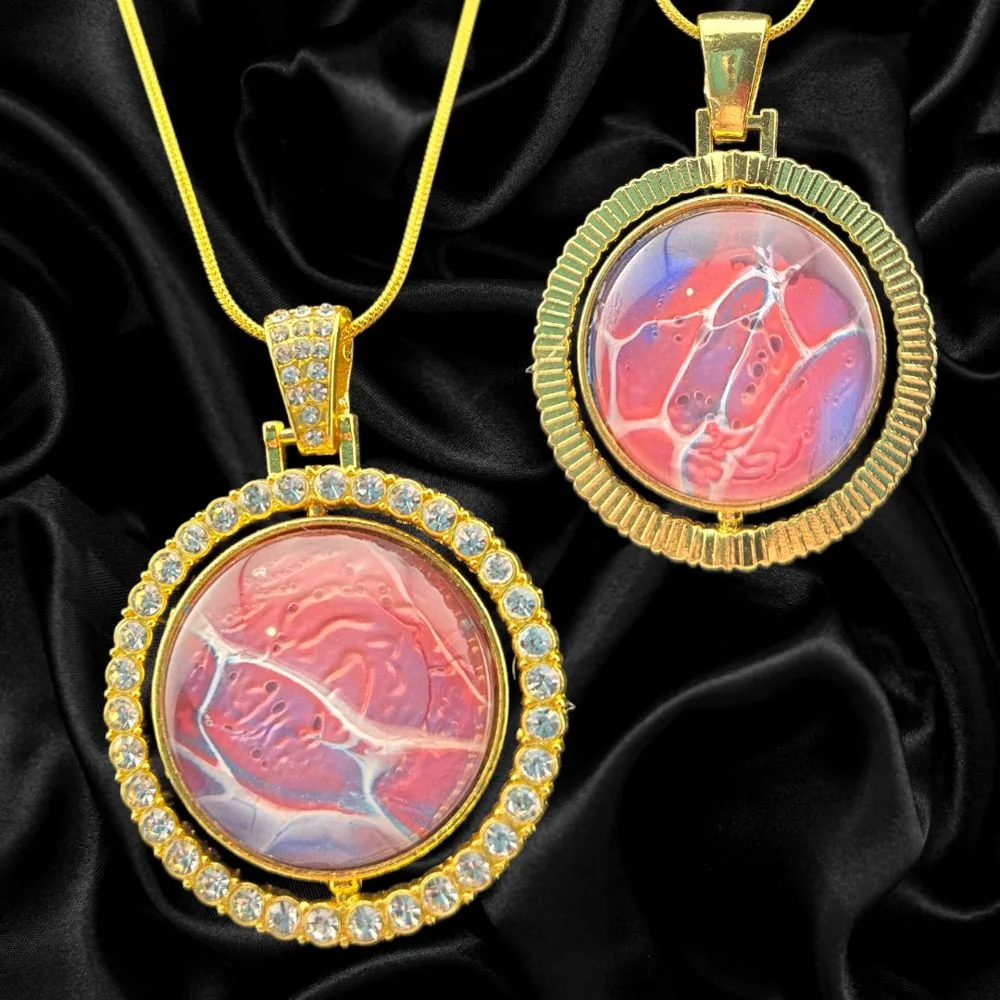 Blush Bloom Rotating Pendant Necklace – Gold Tone handmade fluid art by Fuzzy Trio Design in Phoenix, AZ