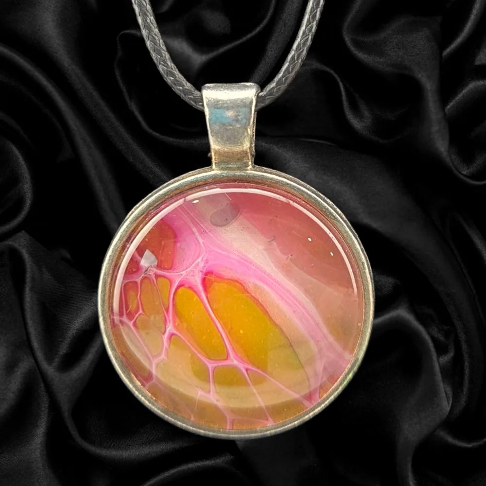 Blush Marble Glow Necklace handmade fluid art by Fuzzy Trio Design in Phoenix, AZ