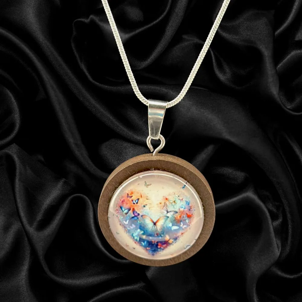 Butterfly Dream Wood Necklace – Silver Toned handmade fluid art by Fuzzy Trio Design in Phoenix, AZ