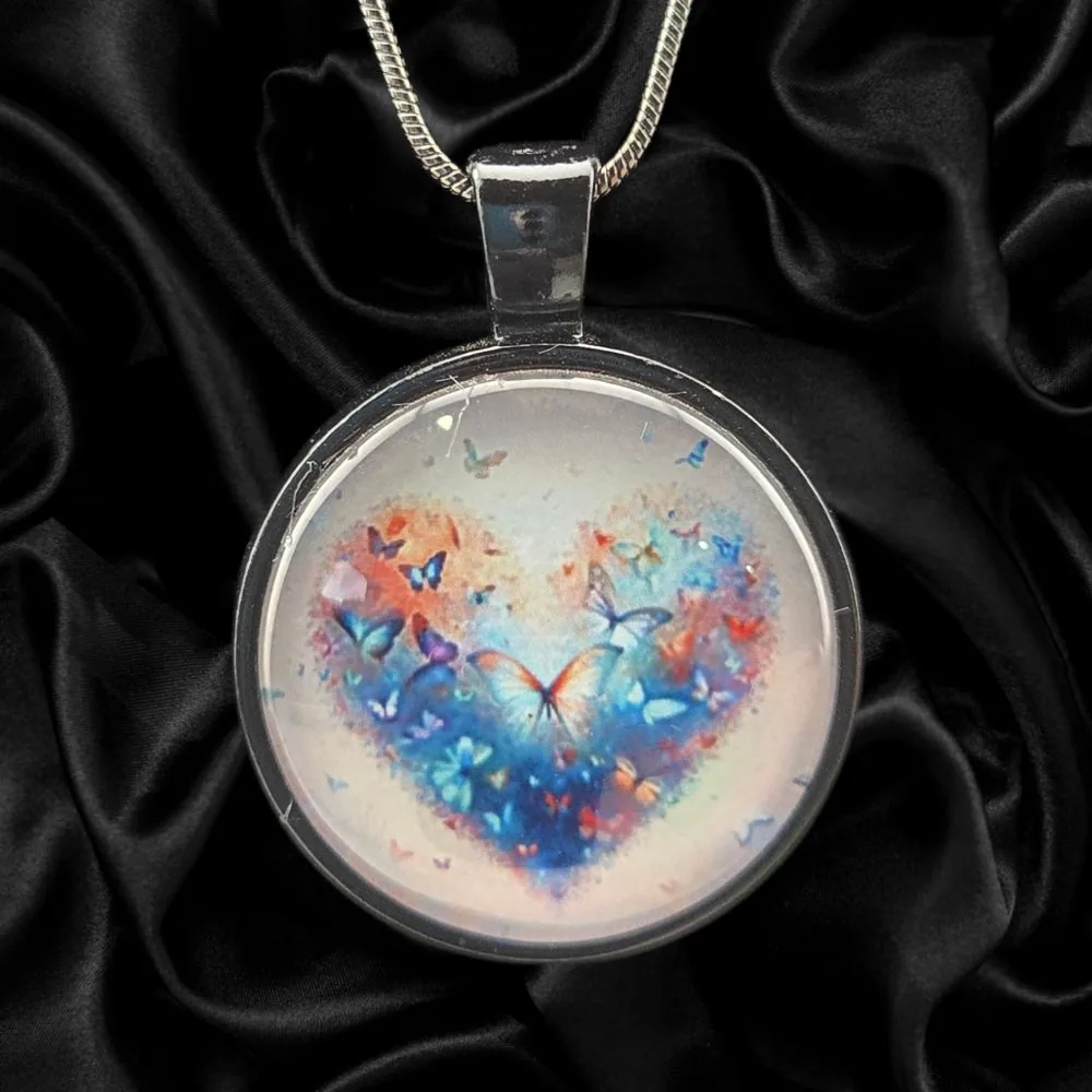 Butterfly Heart Dream Necklace handmade fluid art by Fuzzy Trio Design in Phoenix, AZ