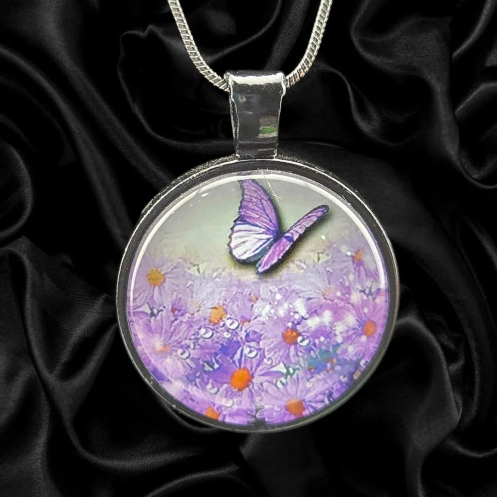 Butterfly Meadow Dreams Necklace handmade fluid art by Fuzzy Trio Design in Phoenix, AZ