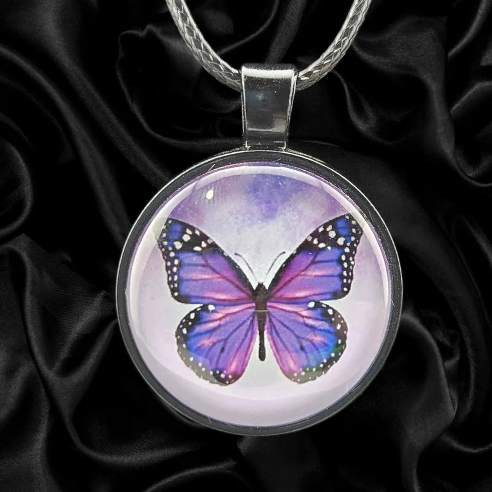 Butterfly Round Necklace – Blackened Silver Tone handmade fluid art by Fuzzy Trio Design in Phoenix, AZ