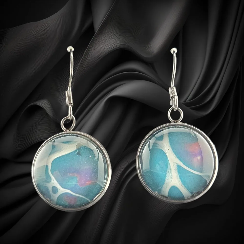 Charcoal Shimmer Glass Hanging Earrings – 15mm handmade fluid art by Fuzzy Trio Design in Phoenix, AZ