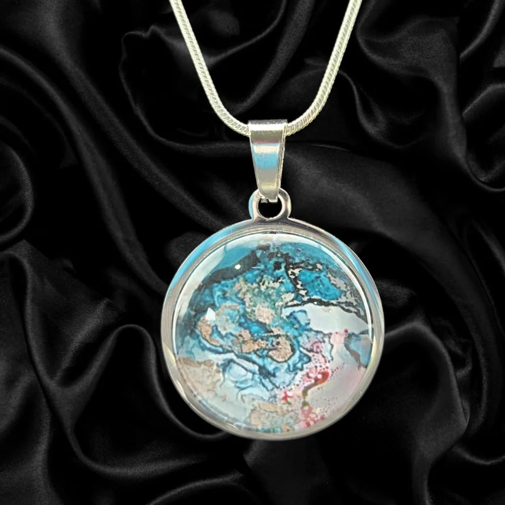 Coastal Marble Abstract Necklace handmade fluid art by Fuzzy Trio Design in Phoenix, AZ
