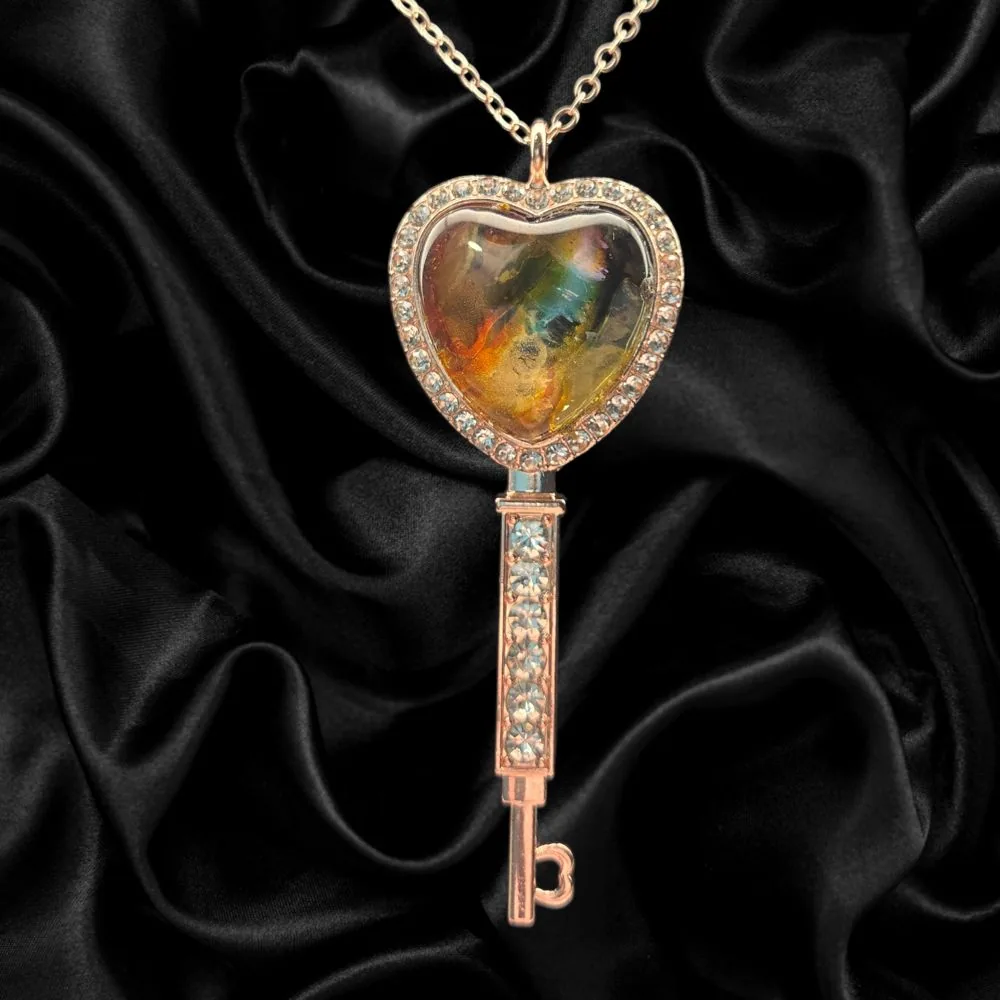 Copper Heart Key Necklace – Warm Amber Abstract handmade fluid art by Fuzzy Trio Design in Phoenix, AZ