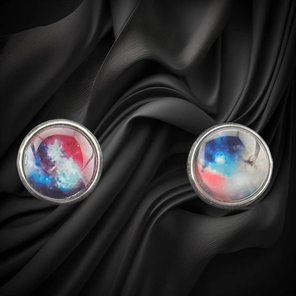 Cosmic Bloom Stud Earrings handmade fluid art by Fuzzy Trio Design in Phoenix, AZ