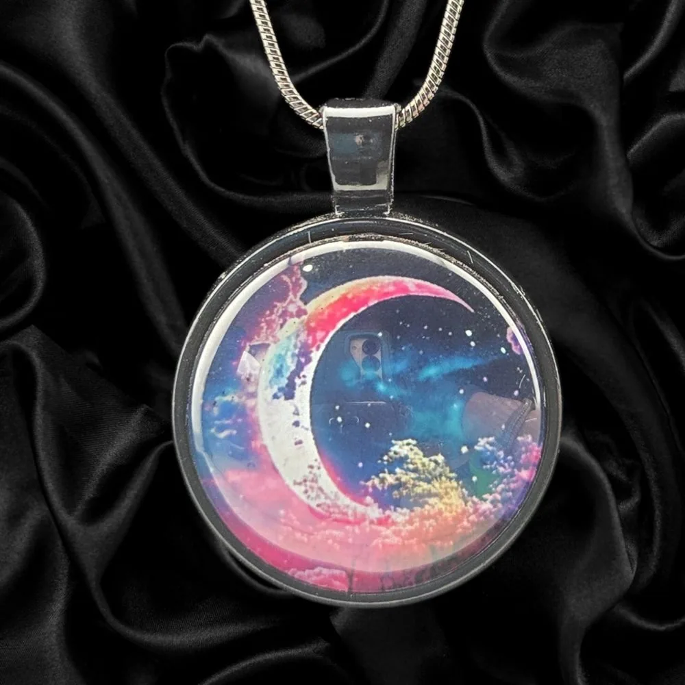 Crescent Dream Galaxy Necklace handmade fluid art by Fuzzy Trio Design in Phoenix, AZ