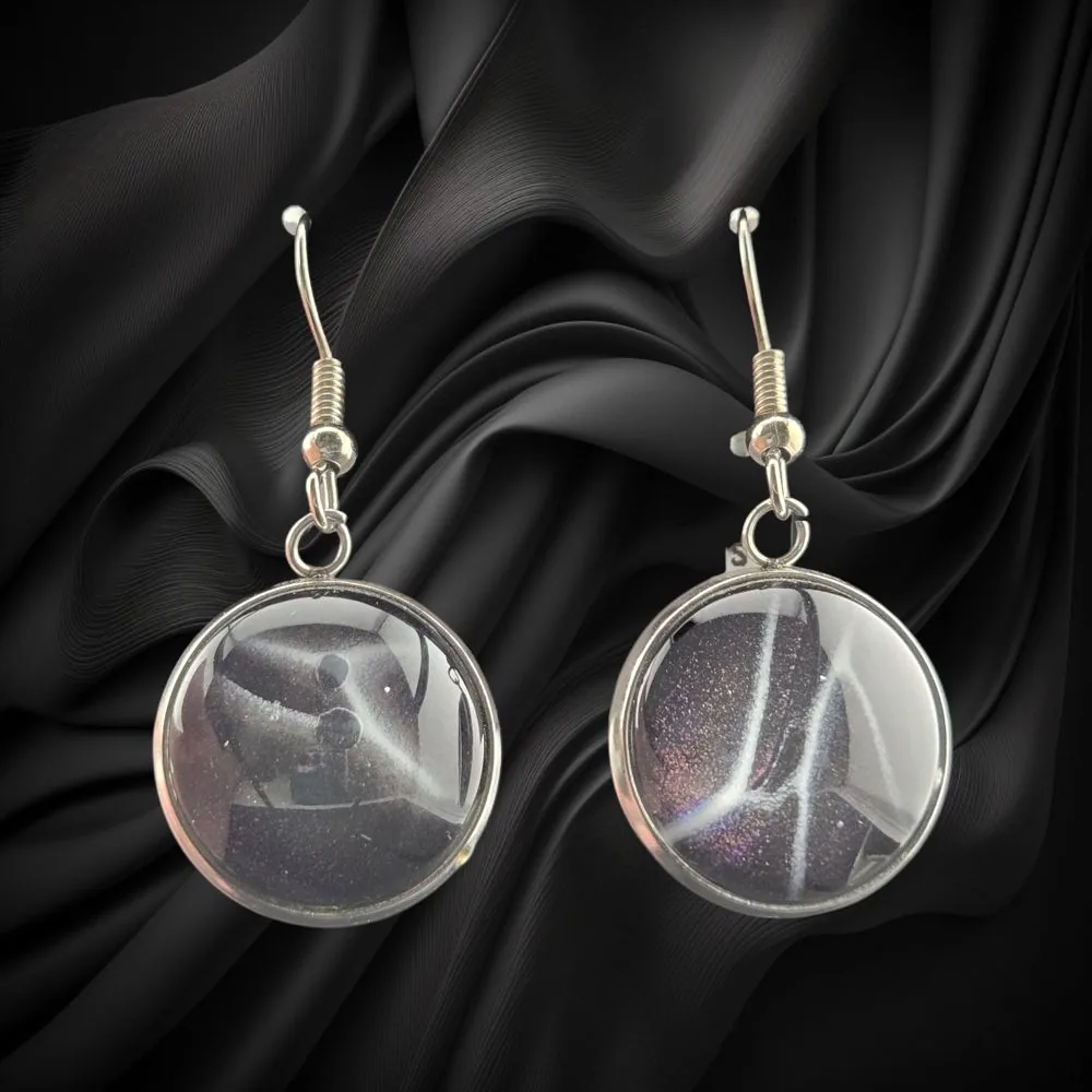 Dark Plum Crackle Glass Hanging Earrings – 15mm handmade fluid art by Fuzzy Trio Design in Phoenix, AZ
