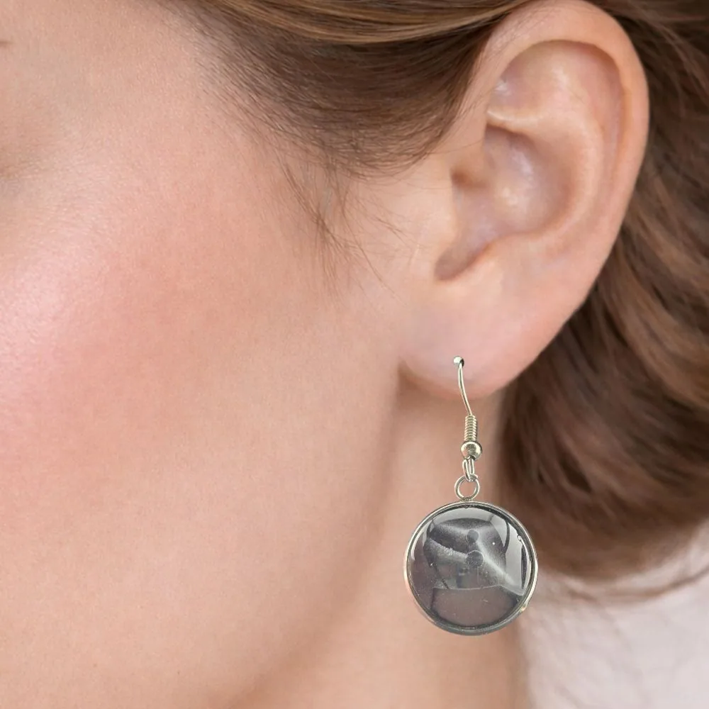 Dark Plum Crackle Glass Hanging Earrings – 15mm detail view 1 by Fuzzy Trio Design in Phoenix, AZ