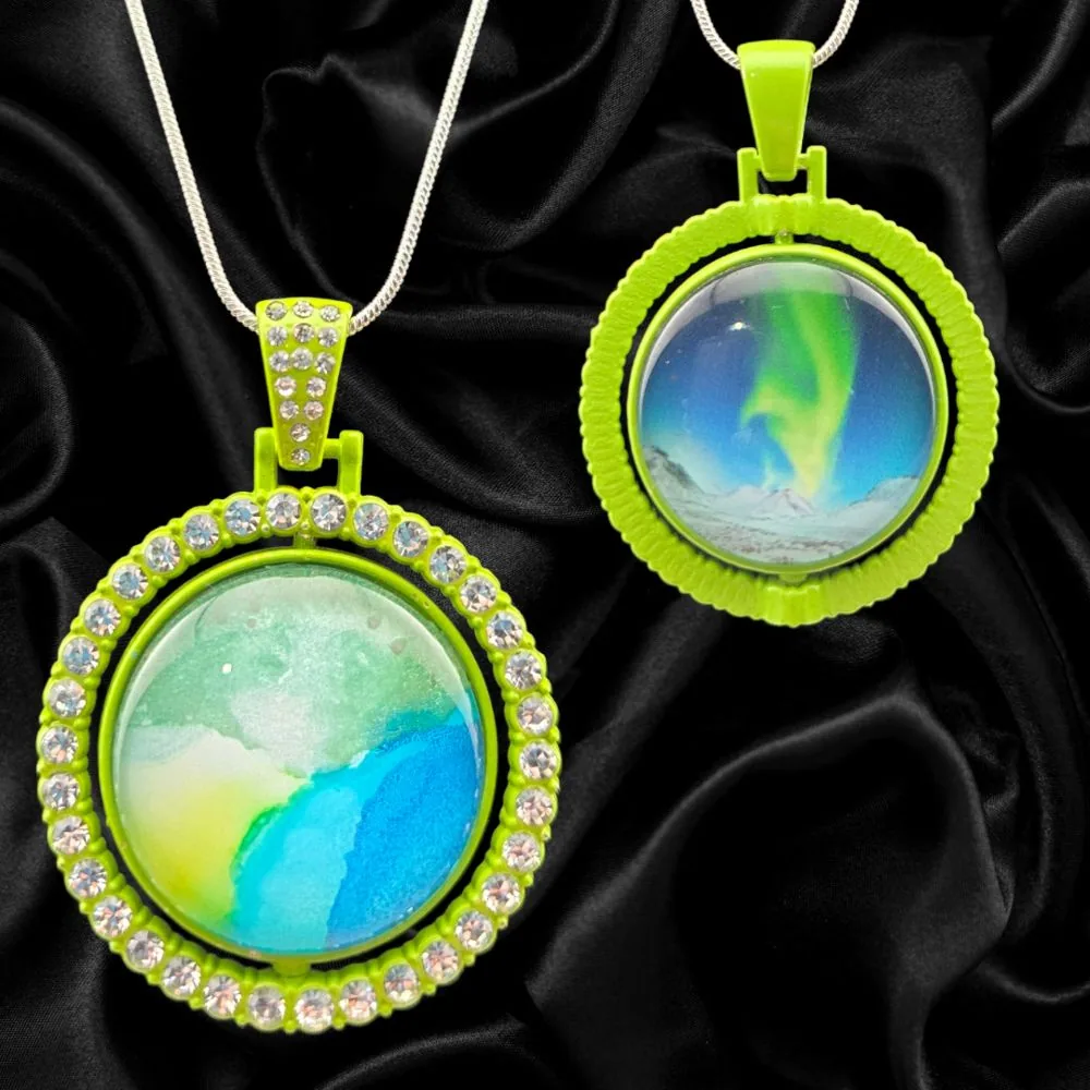 Double-Sided Aurora Green Abstract Necklace handmade fluid art by Fuzzy Trio Design in Phoenix, AZ
