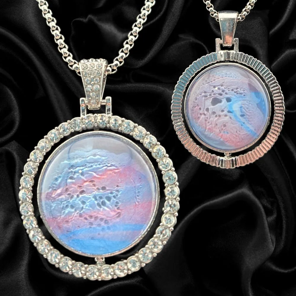 Double-Sided Blue & Blush Abstract Rotating Pendant Necklace – Silver handmade fluid art by Fuzzy Trio Design in Phoenix, AZ
