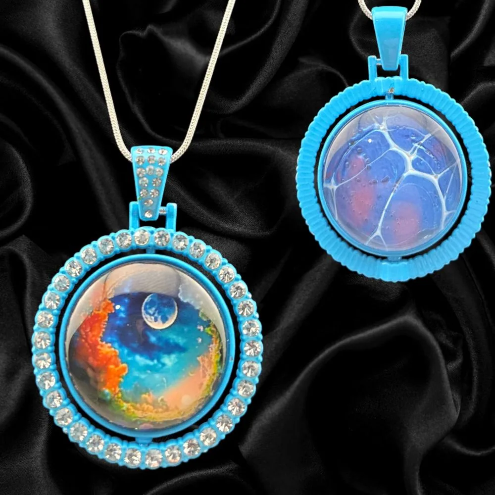 Double-Sided Blue Celestial Abstract Necklace handmade fluid art by Fuzzy Trio Design in Phoenix, AZ