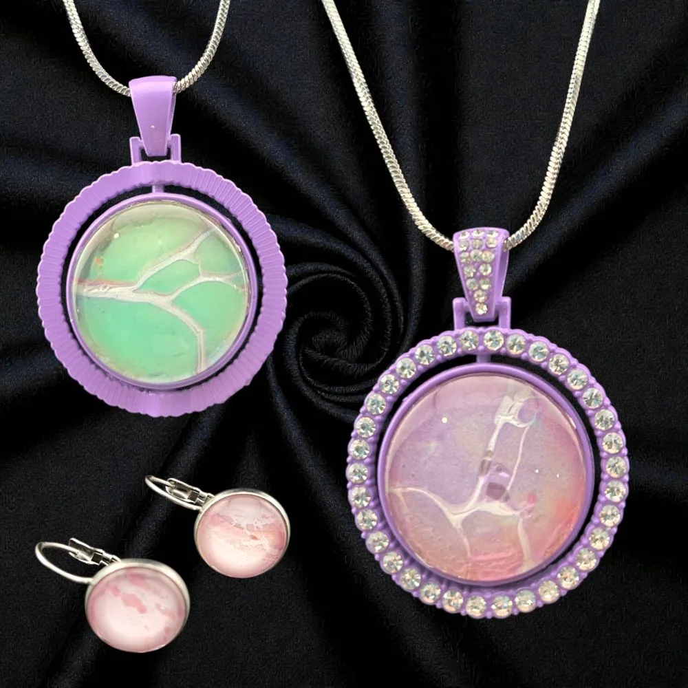 Double-Sided Butterfly Necklace & Earring Set handmade fluid art by Fuzzy Trio Design in Phoenix, AZ