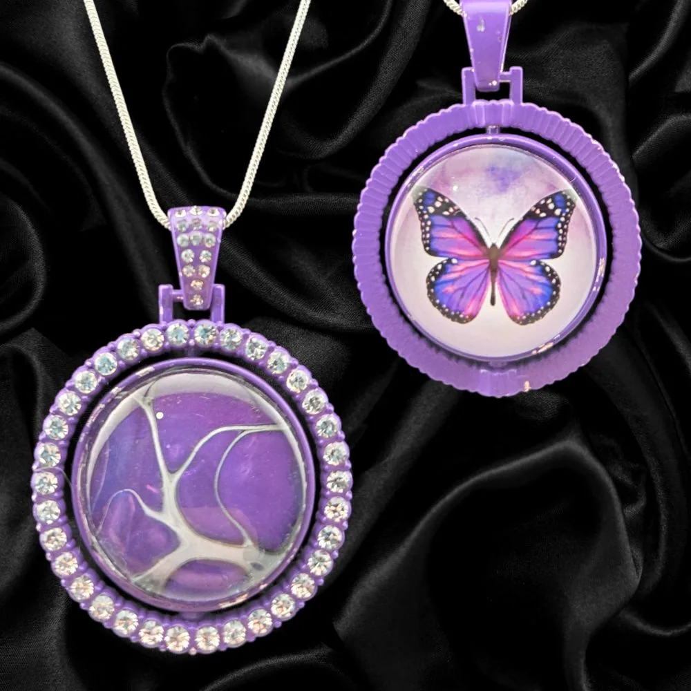 Double-Sided Spinning Butterfly Necklace – Purple handmade fluid art by Fuzzy Trio Design in Phoenix, AZ