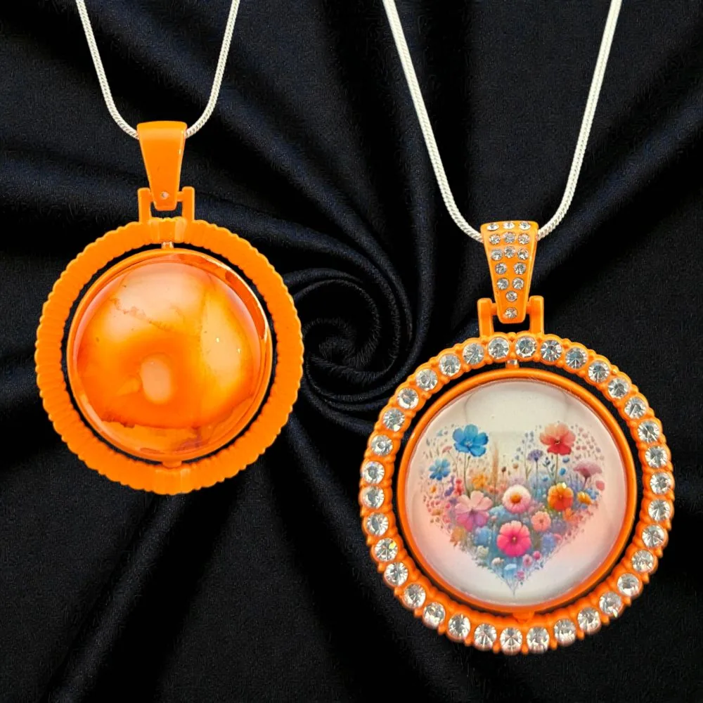Double-Sided Spinning Floral Necklace – Orange handmade fluid art by Fuzzy Trio Design in Phoenix, AZ