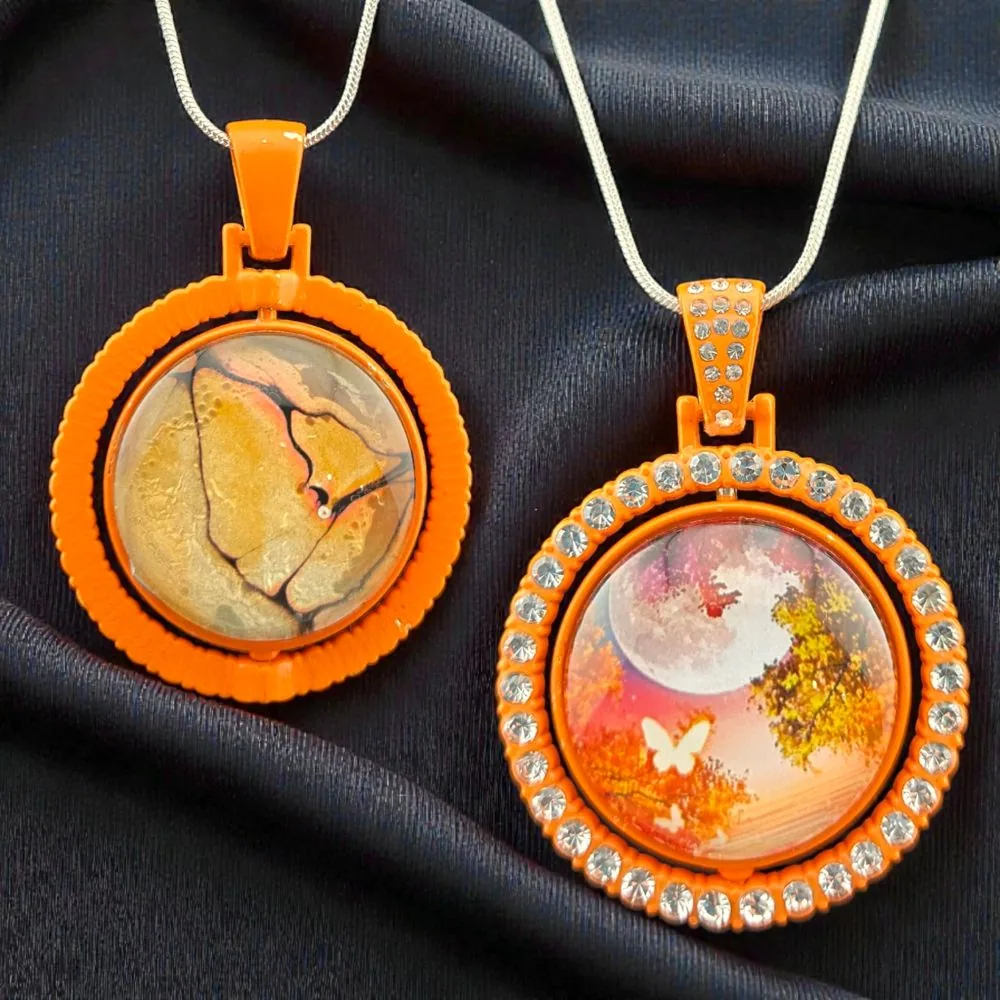 Double-Sided Spinning Moon Scene Necklace – Orange handmade fluid art by Fuzzy Trio Design in Phoenix, AZ
