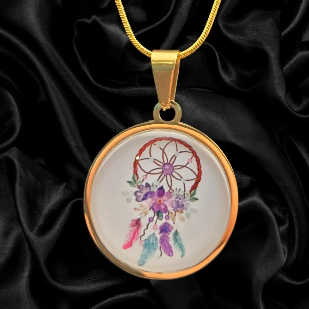 Dreamcatcher Floral Round Necklace – Gold Tone handmade fluid art by Fuzzy Trio Design in Phoenix, AZ