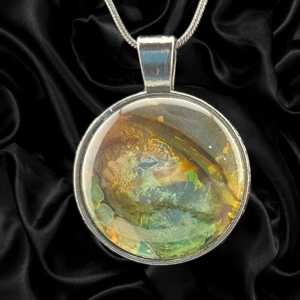 Earthstone Abstract Necklace handmade fluid art by Fuzzy Trio Design in Phoenix, AZ