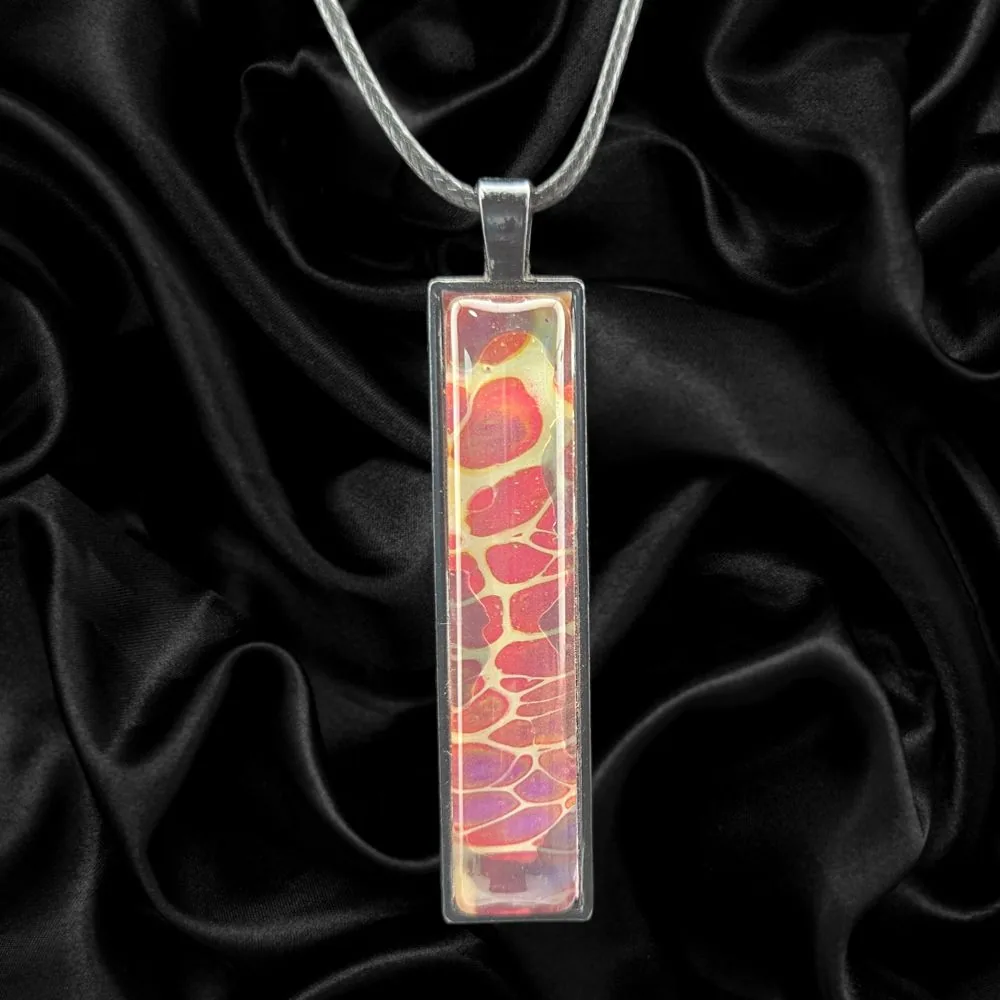 Ember Sunset Bar Necklace handmade fluid art by Fuzzy Trio Design in Phoenix, AZ
