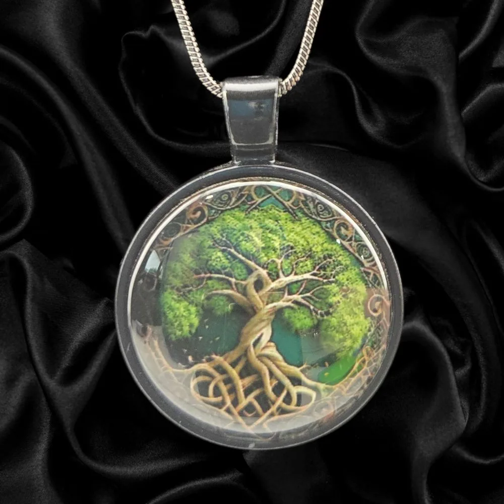 Emerald Roots Tree Necklace handmade fluid art by Fuzzy Trio Design in Phoenix, AZ