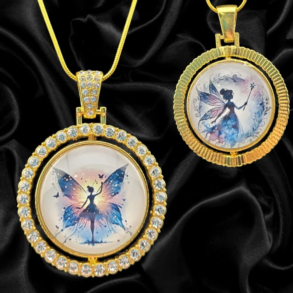 Fairy Silhouette -Double-Sided Rotating Pendant Necklace-Gold Tone handmade fluid art by Fuzzy Trio Design in Phoenix, AZ