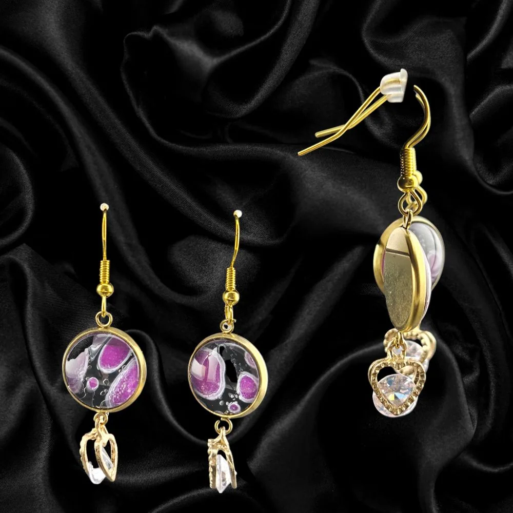 Gold Double Drop Earrings – 12mm Fluid Art & Diamond Heart (Purple) handmade fluid art by Fuzzy Trio Design in Phoenix, AZ