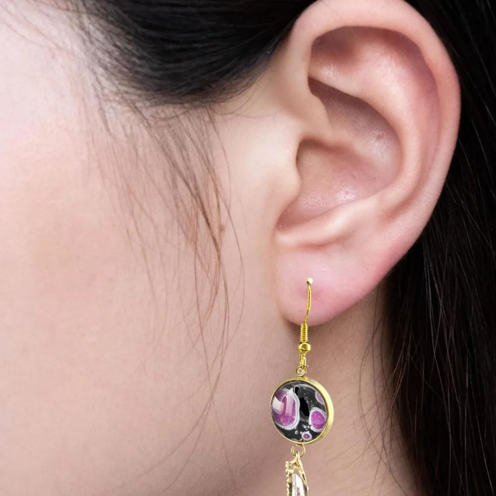Gold Double Drop Earrings – 12mm Fluid Art & Diamond Heart (Purple) detail view 1 by Fuzzy Trio Design in Phoenix, AZ
