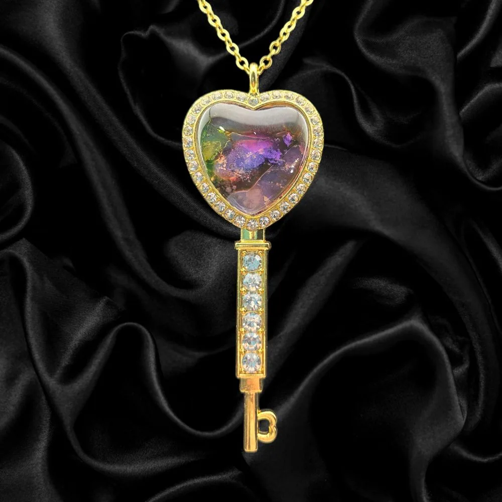 Gold Heart Key Necklace – Multicolor Abstract handmade fluid art by Fuzzy Trio Design in Phoenix, AZ