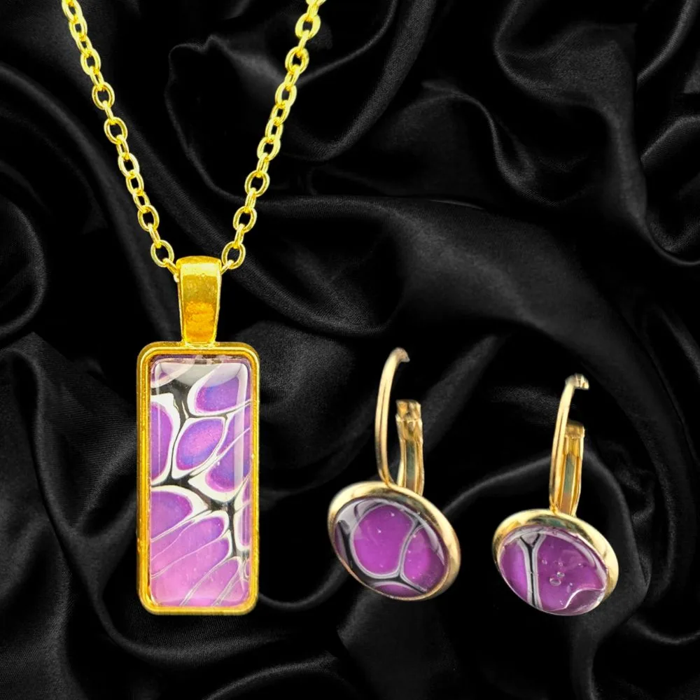 Gold Rectangle Necklace & Leverback Earring Set – Purple handmade fluid art by Fuzzy Trio Design in Phoenix, AZ