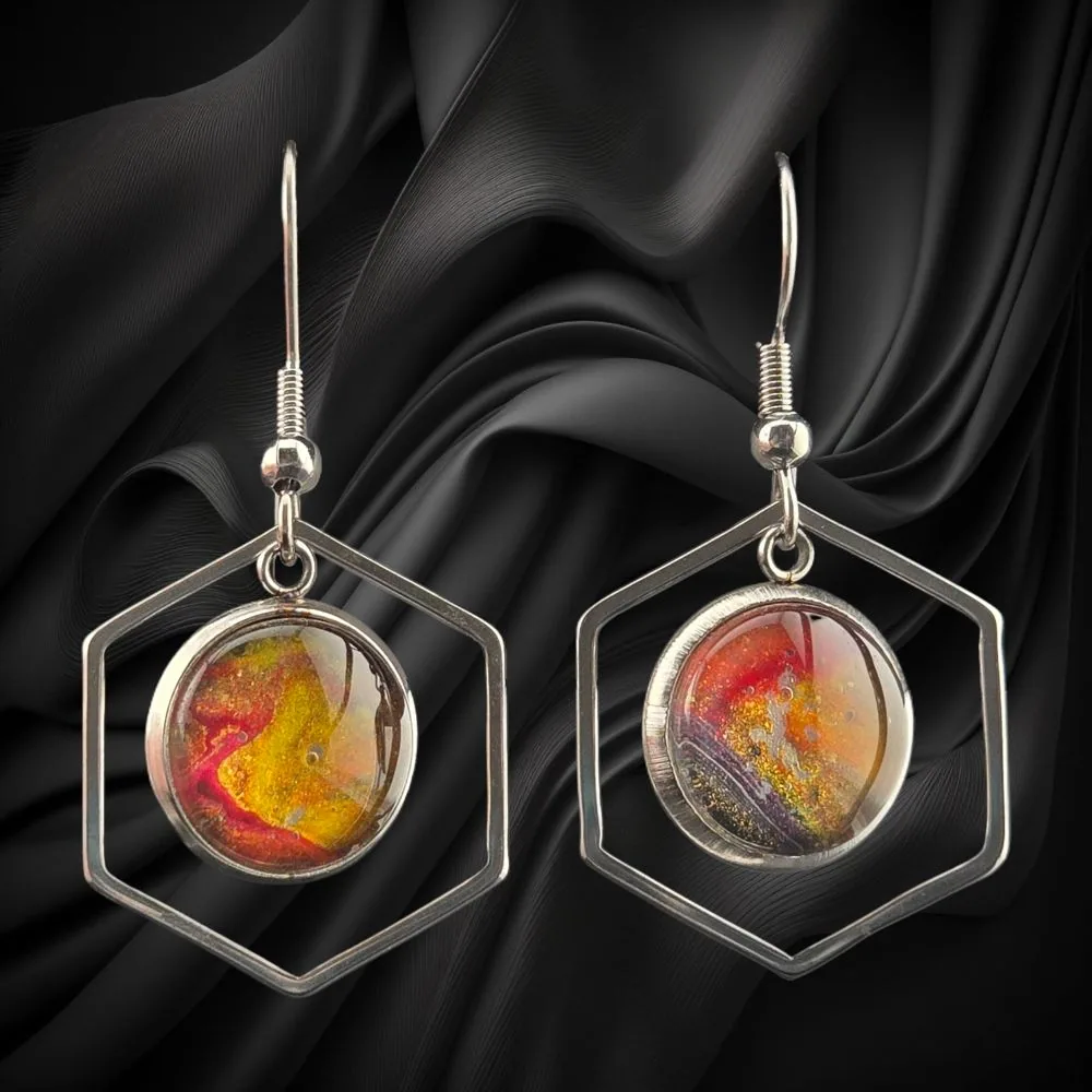 Gold & Red Shimmer Hex Frame Fluid Art Earrings – 12mm handmade fluid art by Fuzzy Trio Design in Phoenix, AZ