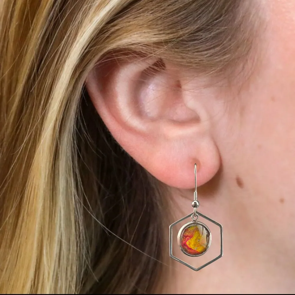 Gold & Red Shimmer Hex Frame Fluid Art Earrings – 12mm detail view 1 by Fuzzy Trio Design in Phoenix, AZ
