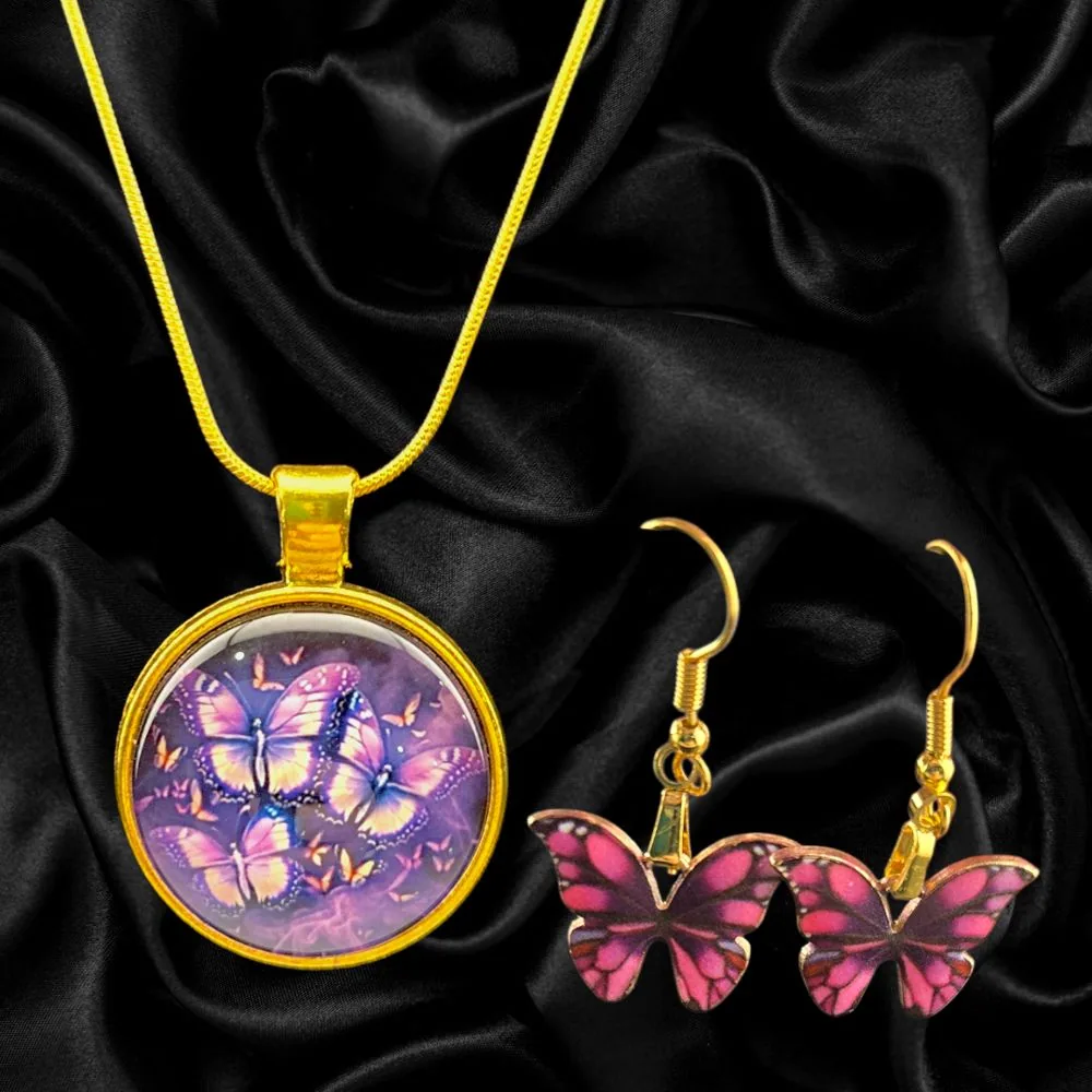 Gold Round Butterfly Necklace & Earring Set – Purple handmade fluid art by Fuzzy Trio Design in Phoenix, AZ