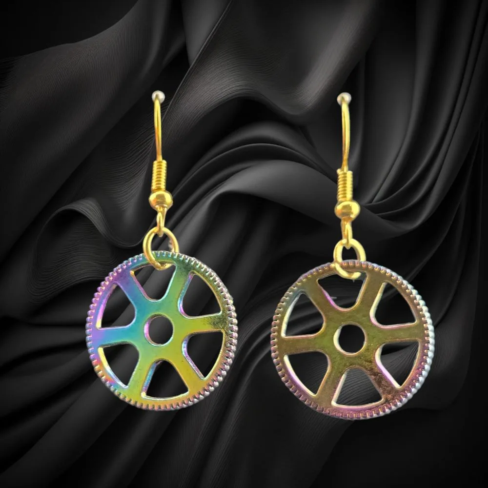 Gold Wagon Wheel Hanging Earrings (20mm) handmade fluid art by Fuzzy Trio Design in Phoenix, AZ