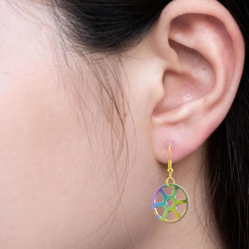 Gold Wagon Wheel Hanging Earrings (20mm) detail view 1 by Fuzzy Trio Design in Phoenix, AZ