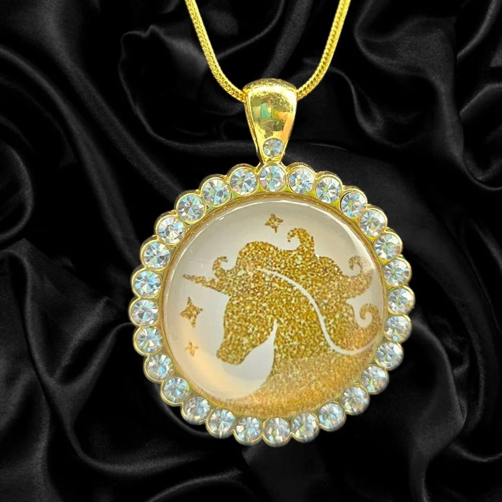 Golden Unicorn Rhinestone Necklace – Gold Toned handmade fluid art by Fuzzy Trio Design in Phoenix, AZ