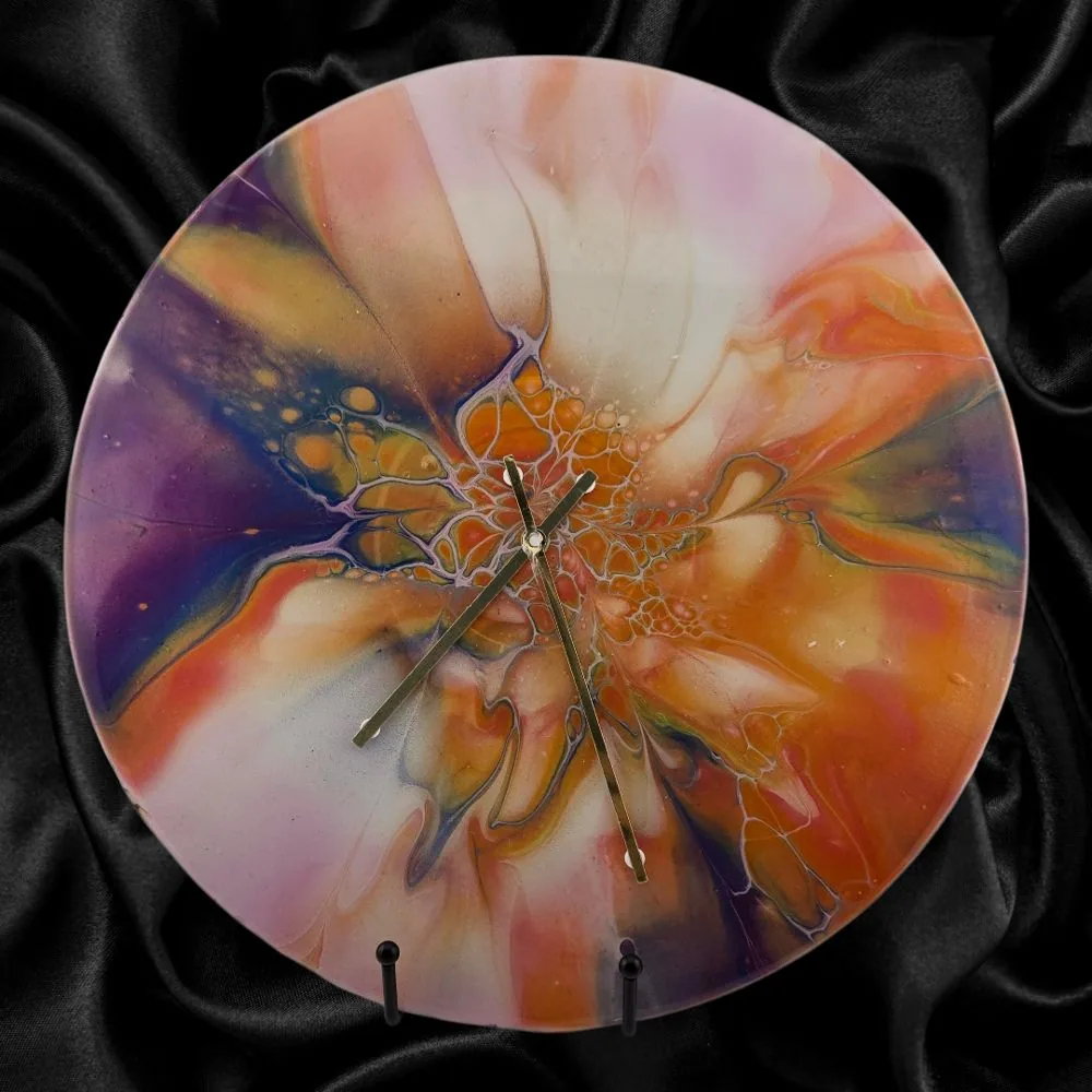 Handpainted Vinyl Record Wall Clock – 12″ –Blush Horizon handmade fluid art by Fuzzy Trio Design in Phoenix, AZ
