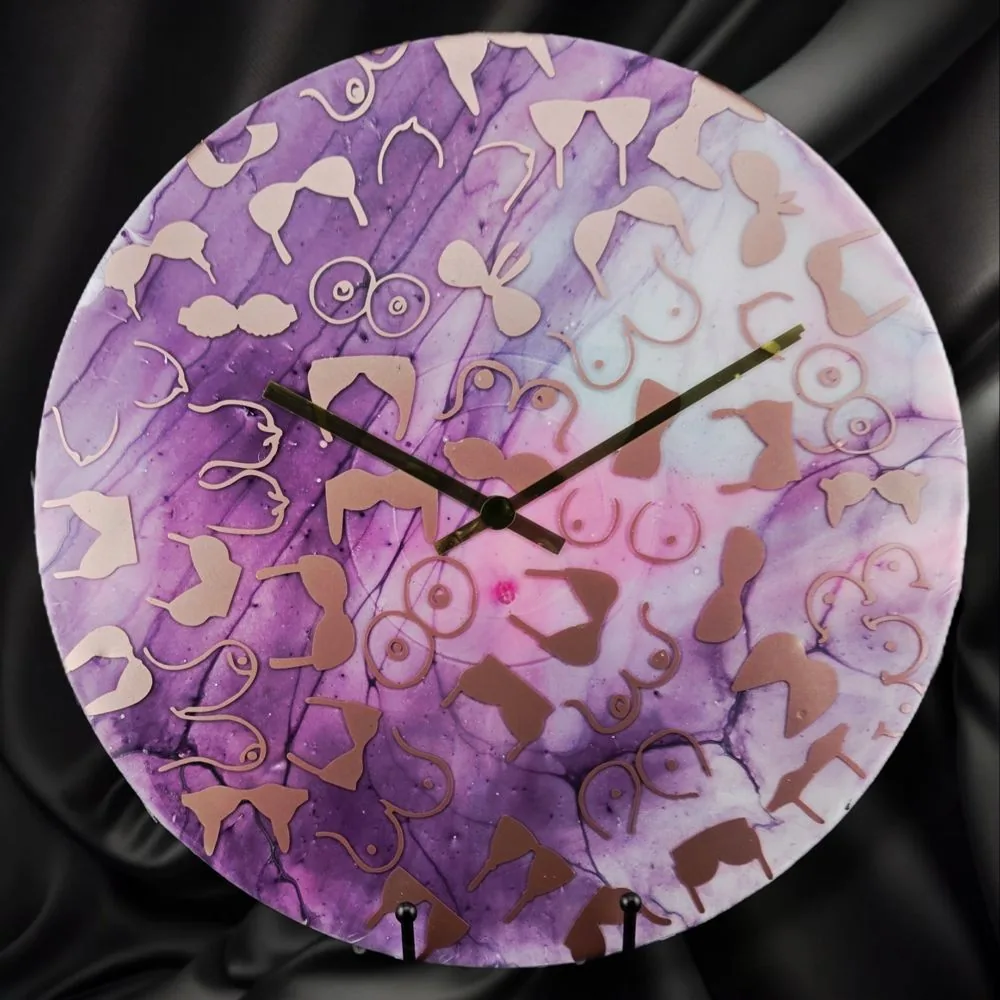 Handpainted Vinyl Record Wall Clock – 12″ – Bra Shapes handmade fluid art by Fuzzy Trio Design in Phoenix, AZ