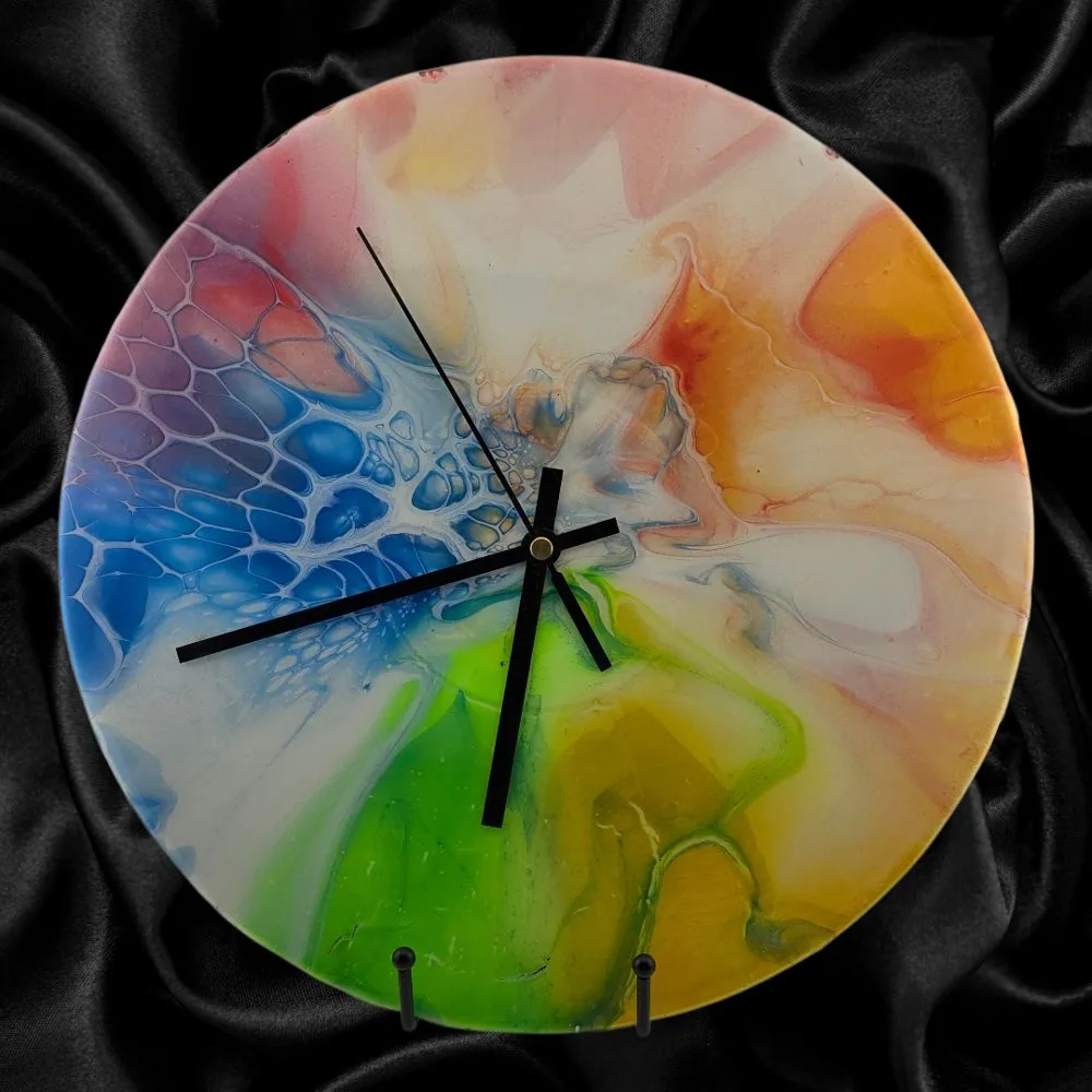 Handpainted Vinyl Record Wall Clock – 12″ – Chromatic Current handmade fluid art by Fuzzy Trio Design in Phoenix, AZ