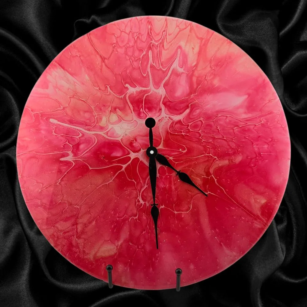 Handpainted Vinyl Record Wall Clock – 12″ – Crimson Pulse handmade fluid art by Fuzzy Trio Design in Phoenix, AZ