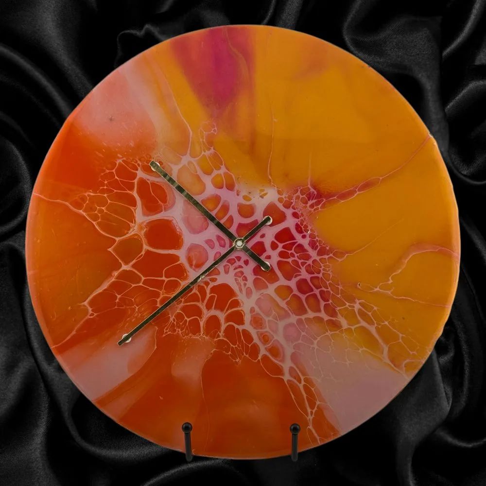 Handpainted Vinyl Record Wall Clock – 12″ – Ember Halo handmade fluid art by Fuzzy Trio Design in Phoenix, AZ