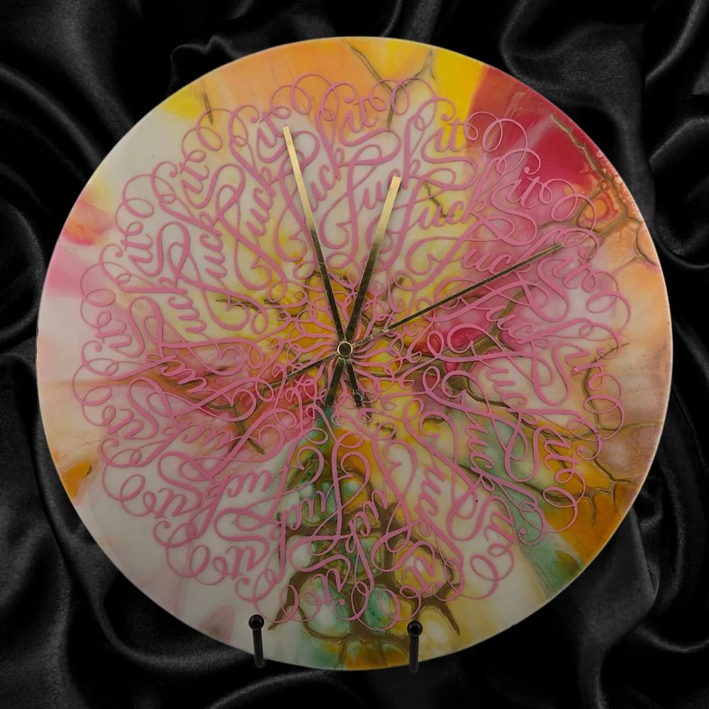 Handpainted Vinyl Record Wall Clock – 12″ – Fuck It Mandala handmade fluid art by Fuzzy Trio Design in Phoenix, AZ