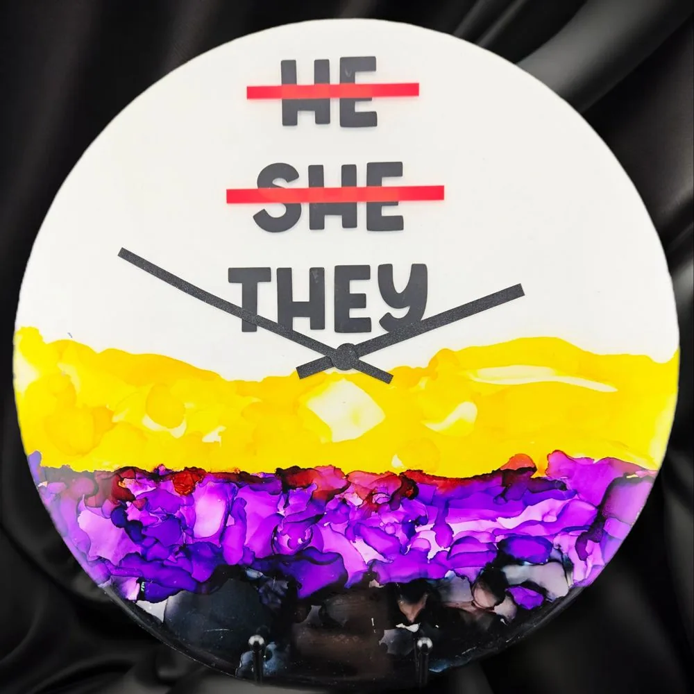 Handpainted Vinyl Record Wall Clock – 12″ –He She They handmade fluid art by Fuzzy Trio Design in Phoenix, AZ