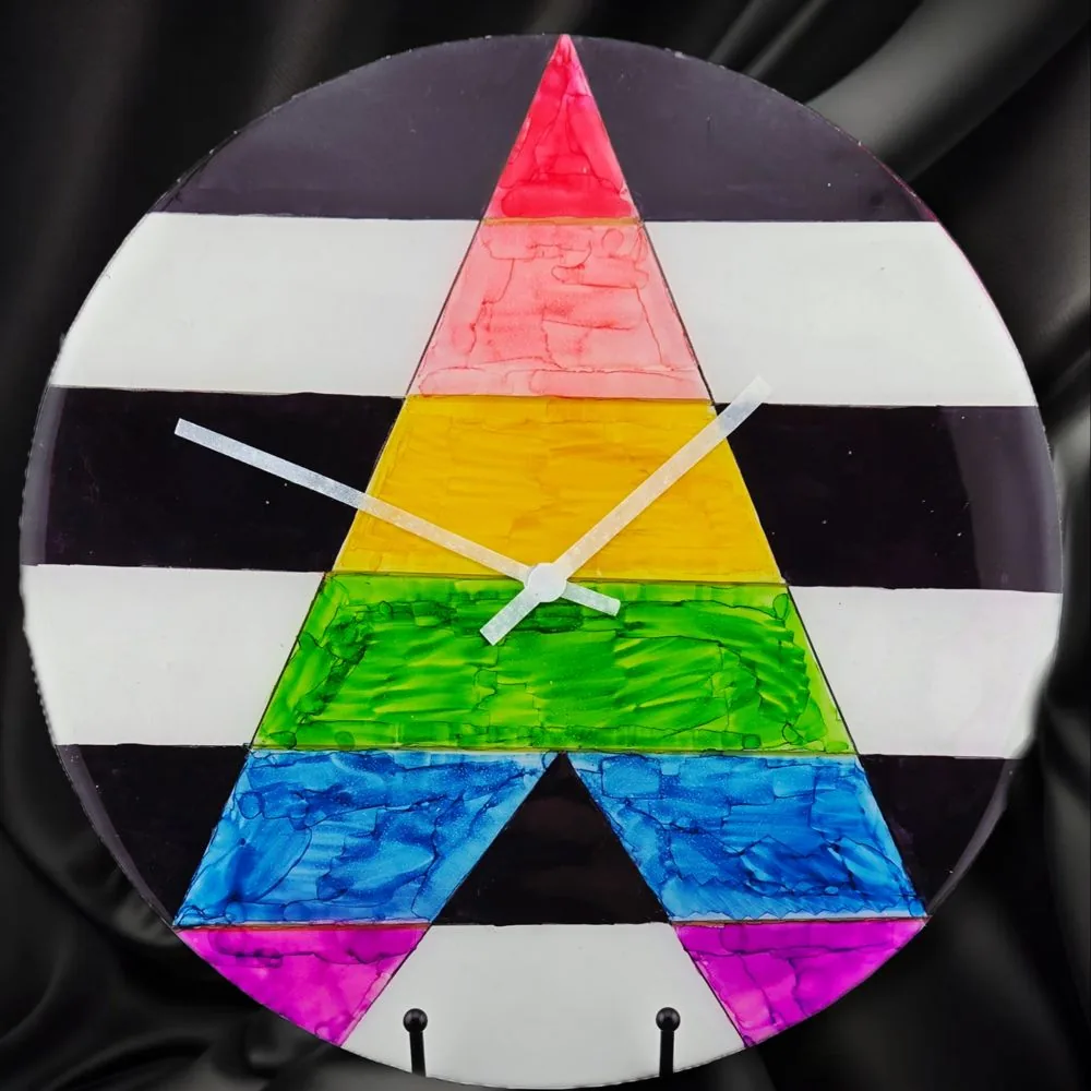 Handpainted Vinyl Record Wall Clock – 12″ – LGBTQ+ Ally handmade fluid art by Fuzzy Trio Design in Phoenix, AZ