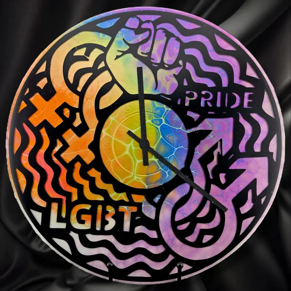 Handpainted Vinyl Record Wall Clock – 12″ –LGBTQ+ Pride handmade fluid art by Fuzzy Trio Design in Phoenix, AZ