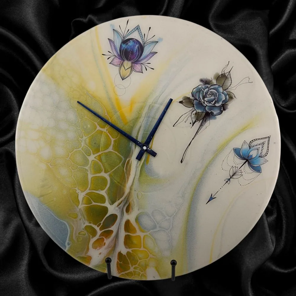 Handpainted Vinyl Record Wall Clock – 12″ – Lotus Path handmade fluid art by Fuzzy Trio Design in Phoenix, AZ